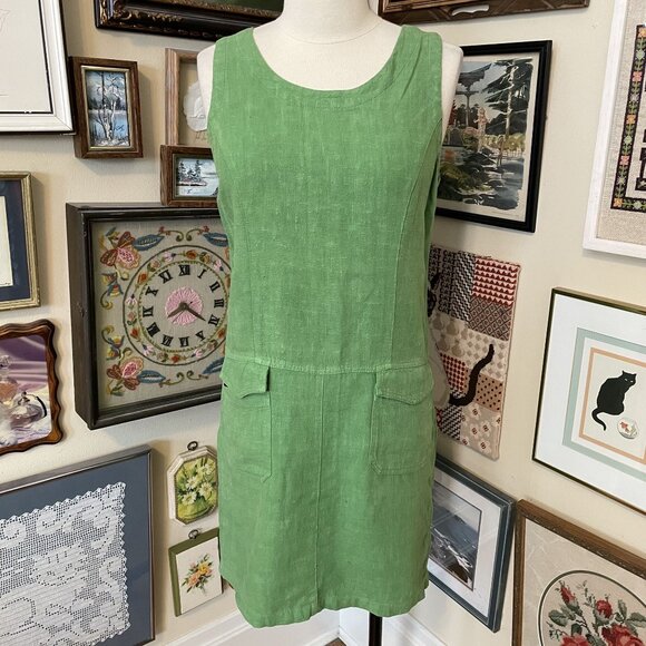 Coldwater Creek Green 100% Linen Sleeveless Dress With Button Back & Pockets M - Picture 1 of 6